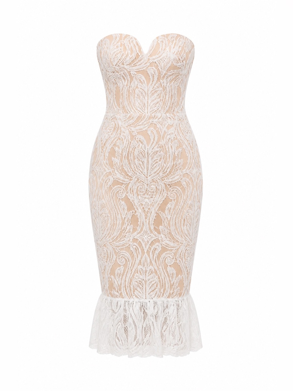 PrettyLittleThing‎ Nude and White Strapless Lace Midi Dress. Sz 12